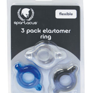 Spartacus Elastomer Cock Ring Set - Black, Blue & Clear Pack of 3