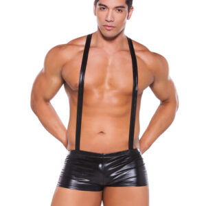 Zeus Wet Look Suspender Shorts Black O/S