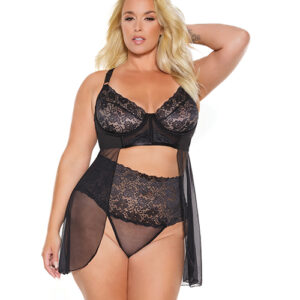 Scallop Stretch Lace & Sheer Mesh Babydoll & High Waist Thong Black 3X/4X