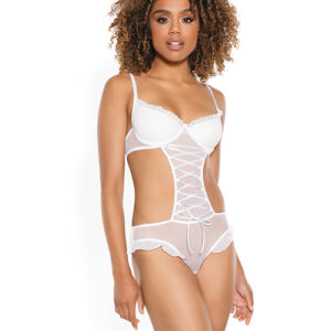 Stretch Mesh Ruffled Crotchless Teddy White SM