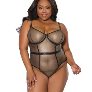 Holiday Metallic Fishnet Teddy w/Underwire Cups Black/Gold 1X/2X
