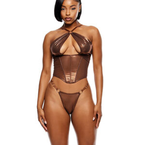 Liquid Metal Metallic Mesh Bustier w/G-String 2 pc Set - Metallic Copper XL