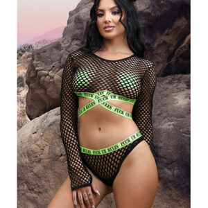 Vibes Fuck Ur Rules Long Sleeve Crop Top, Panty & Pasties Black/Green L/XL