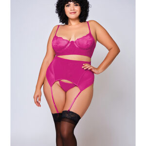 Soft Lace Bra, High Waist Satin & Mesh Garterbelt & G-String Fuchsia 1X