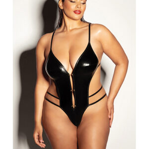 FETISH Whipped Open Gusset Vinyl Teddy w/Barbell Black QN