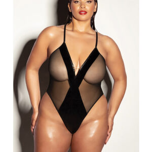 FETISH Finesse Soft Cup Vinyl & Mesh Teddy w/Barbell Black 1X/2X