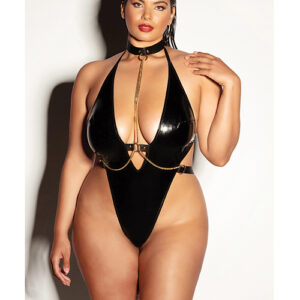 FETISH Submissive V-Plunge Vinyl Teddy w/Removable Chain Harness & Hand Cuff Black 1X/2X