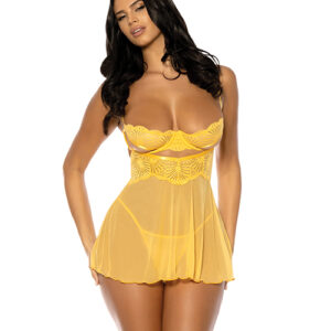 Hazel Peek-A-Boo Cup Babydoll w/G-String Panty - Yellow L/XL