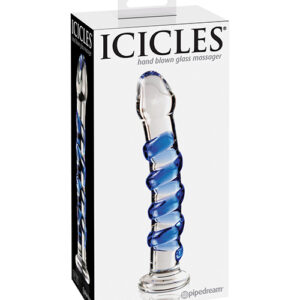 Icicles No. 5 Hand Blown Glass Massager - Clear w/Blue Swirls