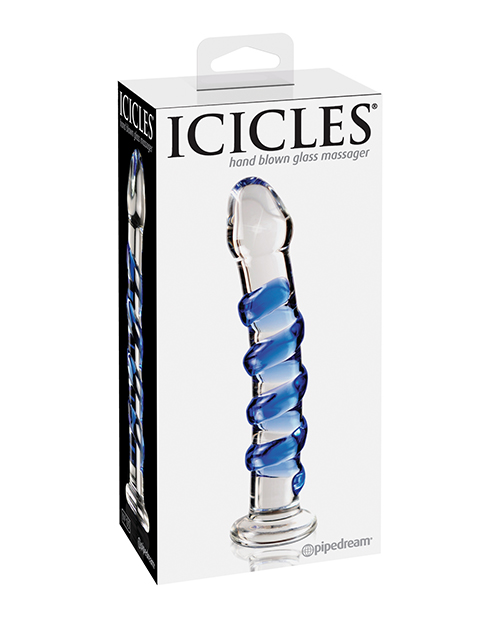Icicles No. 5 Hand Blown Glass Massager - Clear w/Blue Swirls