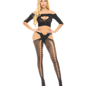 Pink Lipstick All Slashed Out Top, G-String & Pantyhose Black O/S