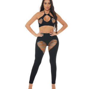 Pink Lipstick Heart Rate Halter Bra & Leggings 2 pc Set - Black O/S
