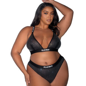Playboy Disco Fever Rhinestone Bralette w/Thong 2 pc Set - Black 2X