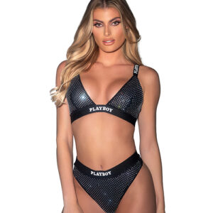 Playboy Disco Fever Rhinestone Bralette w/Thong 2 pc Set - Black LG