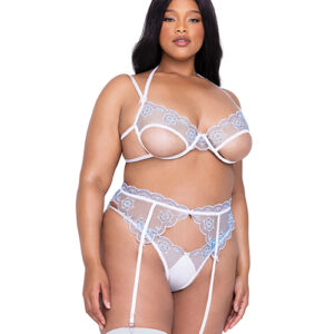 Holiday Snow Queen Metallic Snowflake Embroidered Bra & High Waisted Thong Blue/White 1X