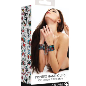 Shots Ouch Old School Tattoo Style Printed Hand Cuffs- Black