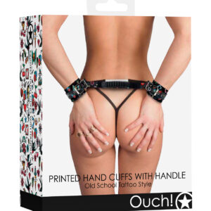 Shots Ouch Old School Tattoo Style Printed Handcuffs w/Handle - Black