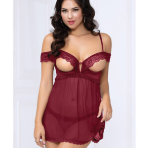 Lace & Mesh Open Cups Babydoll w/Fly Away Back & Panty Wine SM