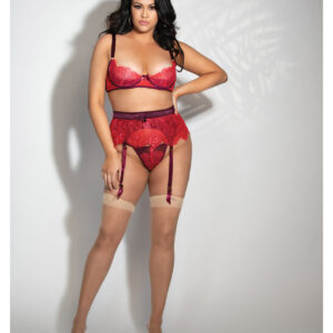 Eyelash Lace Underwire Bra, Garter Skirt & G-String Red 1X/2X