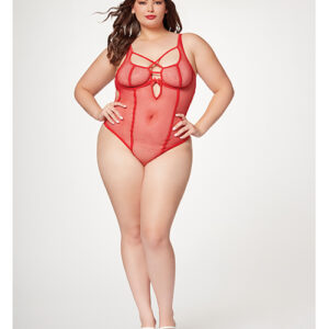Fishnet Strappy High Cut Leg Teddy Red 3X/4X