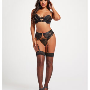 Scalloped Lace Bra w/Gold Chain, Garter Belt & Thong Black XL