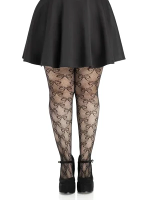 Plus Bow Net Tights - 1x 2x - Black