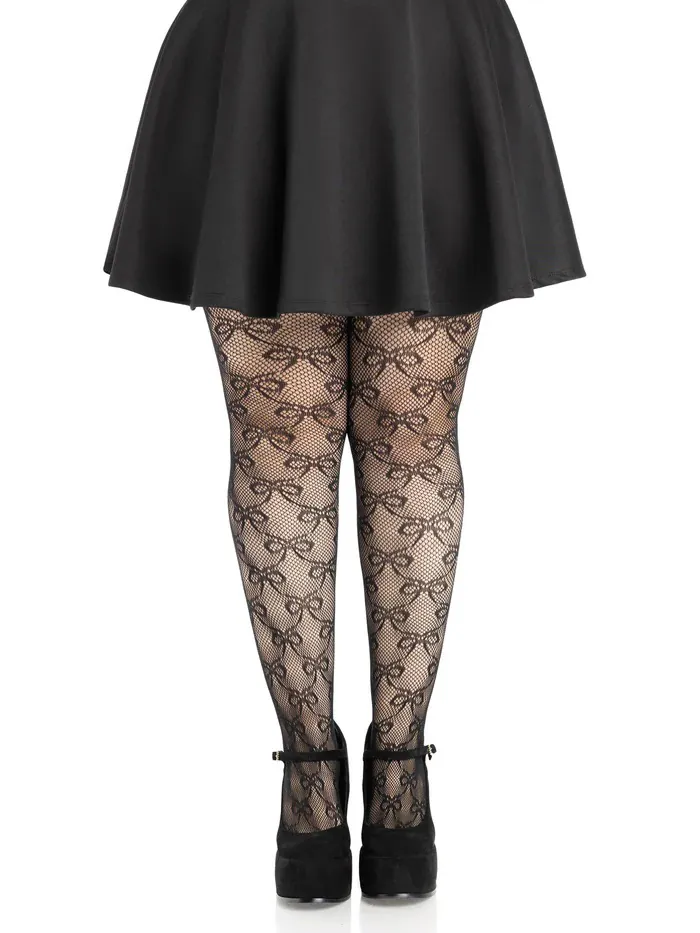 Plus Bow Net Tights - 1x 2x - Black