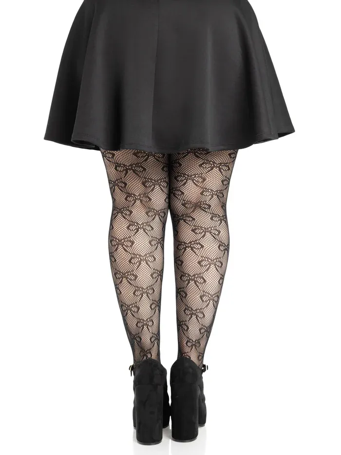 Plus Bow Net Tights - 1x 2x - Black